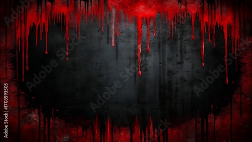 Creepy background, grunge black wall with dripping red paint effect  