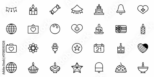 Charming line art icons for celebrations and care, offering versatility for website designs, greeting cards, or social media posts, originally designed as scalable vector graphics