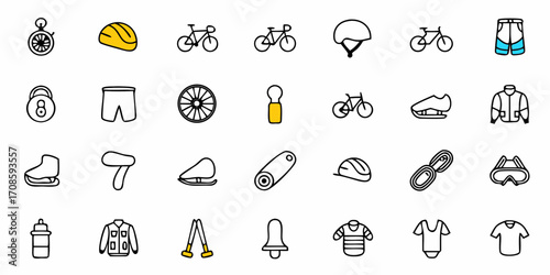 Sporting Gear Icons Set for Cycling, Skating, & More Active Lifestyles, with Protective Gear, Clothing, & Bike Components, Great for Fitness & Outdoors Enthusiasts