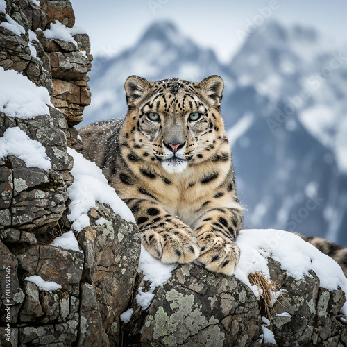 snow leopard on a rock
