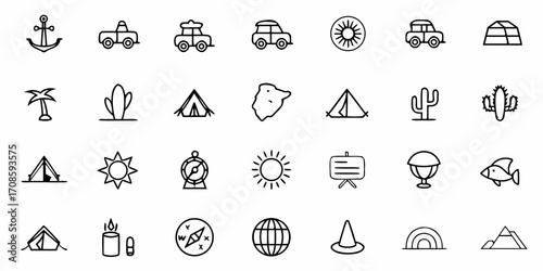 Hand-drawn travel icons beckon wanderlust, perfect for blogs, apps, and vacation planning, hinting at adventure, relaxation, and global exploration for digital nomads