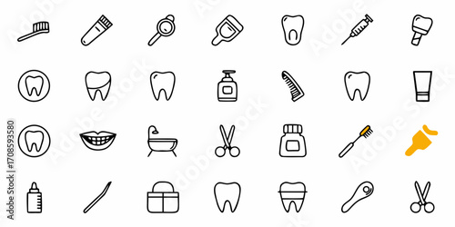 Dental Care Icons for a Healthy Smile, Hygiene and Beauty Essentials, Health and Beauty Tools for Personal Care, Modern Minimalist Line Art