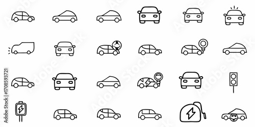 Modern Line Art Illustration of Car Icons Depicting Road Safety, Electric Vehicles, Driving and Car Accidents for Automotive and Transportation Themes