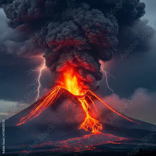 burning volcano in the clouds