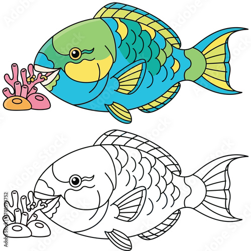 Cute Cartoon Parrotfish Eating Coral Vector Illustration for Kids Coloring Book and Ocean Life Education.