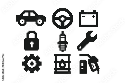 Pixel art automotive icon set. 8-bit retro car service and repair symbols. Vehicle, steering wheel, battery, security lock, spark plug, wrench, gear, oil, fuel pump pictogram.