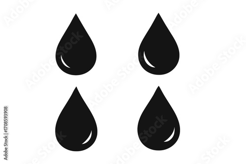Set of black drop silhouette icons. Vector liquid droplet shape symbol. Water, oil, blood, or ink drop graphic element. Flat simple tear shape design for logo, web, or app.