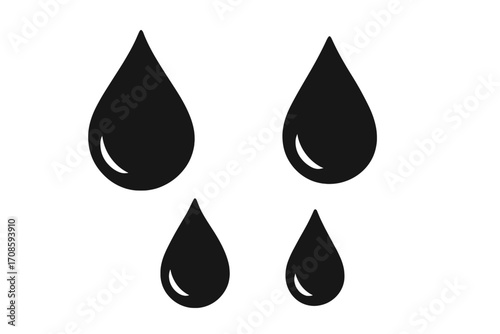 Blood drops icon set. Halloween symbol. Liquid droplet silhouette vector. Black tear, water, oil, or paint drops. Flat design for horror theme. Isolated graphic element collection.