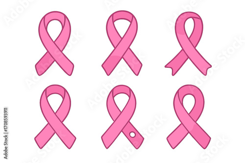 Pink ribbon vector collection for breast cancer awareness month. Cartoon symbol set for support, hope, and charity campaigns. Woman health solidarity and fight concept.