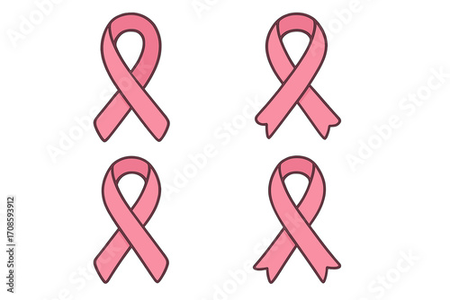 Pink ribbon vector icon set for breast cancer awareness month. Symbol of hope, charity, and support for women's health campaign. Medical healthcare illustration collection.