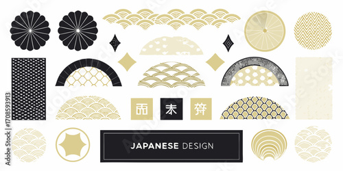 Collection of japanese inspired graphic design elements and patterns in black gold and cream colors