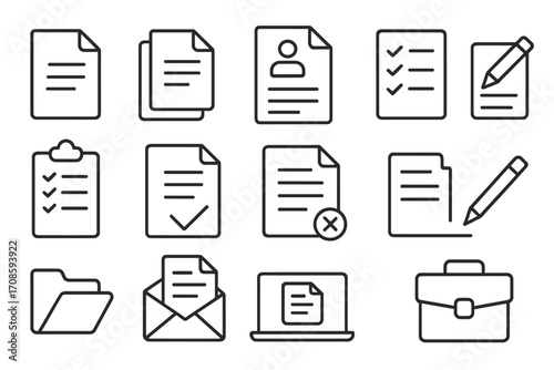 Job document vector line icon set. Office and business work concepts. Icons with editable stroke. Includes resume, CV, checklist, application, contract, folder, and briefcase.