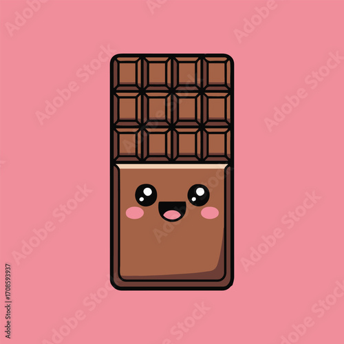 Vector art of adorable chocolate bar with a cute face on a pink background a delightful cartoon illustration of a sweet treat with kawaii eyes and a cheerful smile, perfect for childrens books or dess