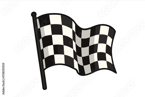 Waving checkered flag on a pole, symbol for the finish line in a motor race. Vector cartoon illustration of a checker flag for competition, speed, and winning concepts.