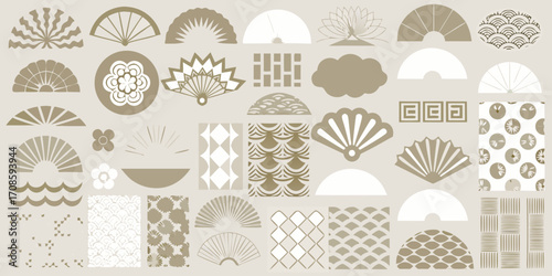 A collection of japanese inspired graphic elements and patterns in neutral tones