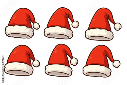 Vector set of cartoon Santa Claus hats. Red Christmas holiday hat collection. Winter celebration costume accessory. Festive decoration design element isolated for easy use.