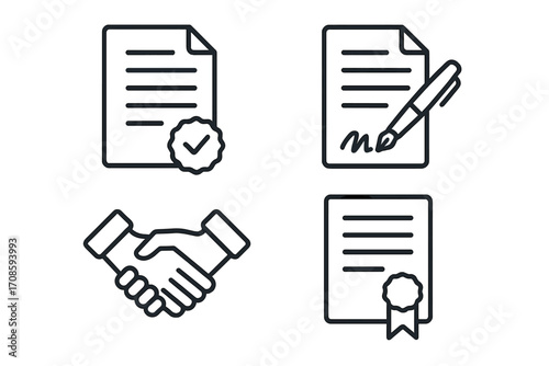 Contract agreement line icon set. Business deal, partnership handshake, and legal document signing. Certificate seal, approval check mark, and signature concepts. Vector icons.