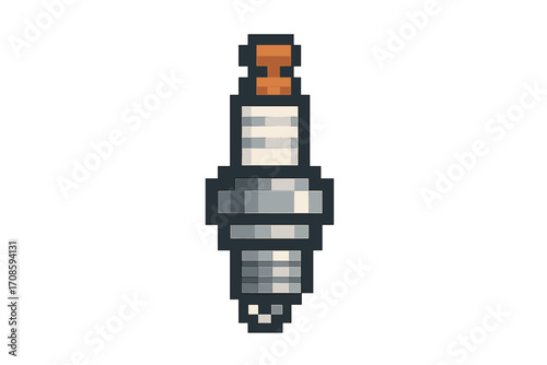 Spark plug pixel art icon. Car engine ignition part symbol for auto repair service. Vector illustration of a motor component in retro 8 bit gaming style. Automotive object.