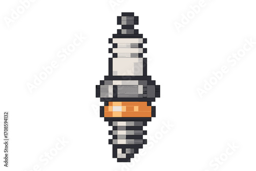 Spark plug pixel art icon. 8-bit retro video game style. Car engine ignition component symbol. Vector illustration for automobile repair service, mechanic, garage concept.