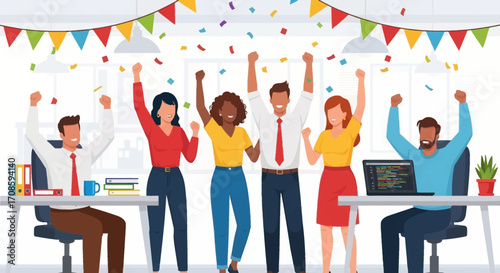 Happy diverse business team celebrating success.