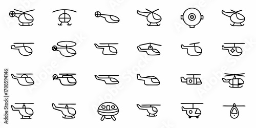 Collection of Helicopter Icons in Simple Line Style, Perfect for Aviation Designs and Transportation Projects, Conveying Flight and Modern Technology, Originally a Vector Graphic