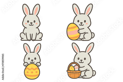 Easter bunny vector icon set. Cute cartoon rabbit character collection for holiday design. Flat style illustration of a happy bunny with an egg hunt basket, isolated.
