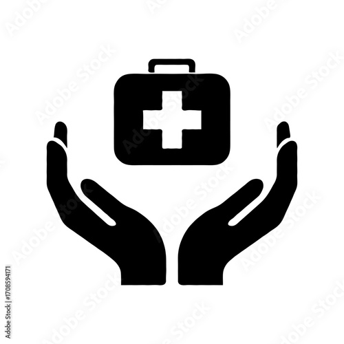 Black silhouette of two hands holding a medical kit with a cross symbol, minimal graphic style, on a plain white background, symbolizing healthcare