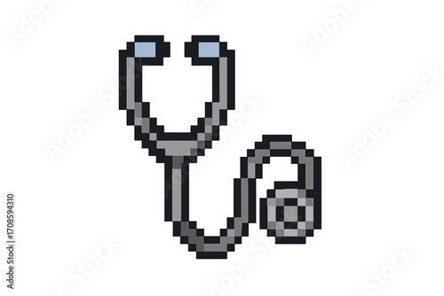 Stethoscope pixel art icon. Medical equipment for doctor or nurse. 8-bit retro gaming style vector illustration. Healthcare, hospital, and medicine concept symbol. Isolated.