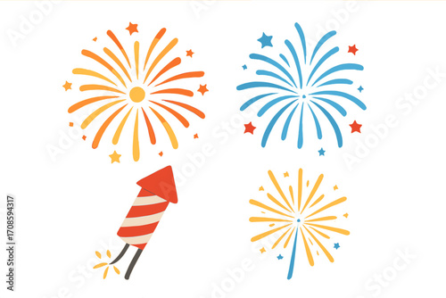 Fireworks icon set for holiday celebration. Flat vector cartoon illustration of firecrackers and rockets. Colorful bursting sparks for New Year or 4th of July party design.