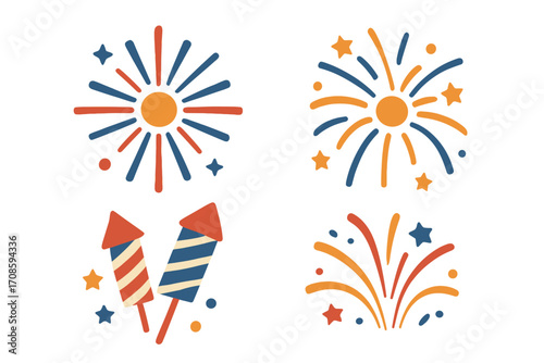 Fireworks vector icon set for holiday celebration. Flat cartoon illustration of firecracker rockets, colorful bursting sparkles, and stars. Graphic design element for party, 4th of July, or New Year.