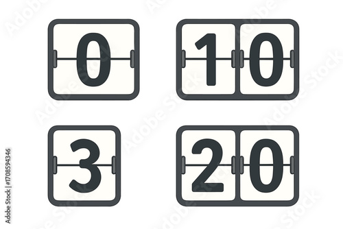 Flip clock number set for countdown timer and scoreboard. Vector retro mechanical display icons. Digital time counter illustration for date, deadline, or event promotion.