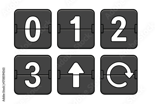Vector flip clock icon set for a countdown timer. Retro scoreboard with numbers and symbols. Airport departure board style display. Mechanical counter cartoon illustration.