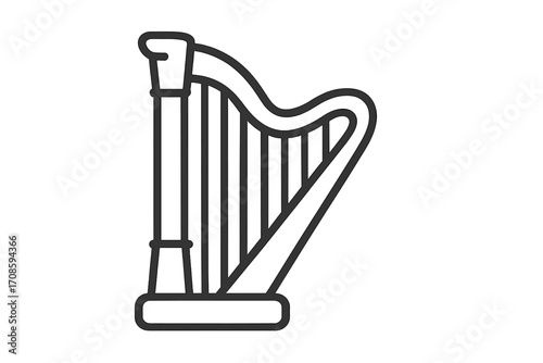 Harp icon vector. Musical instrument line art. Classic string instrument for orchestra, concert, folk music. Simple graphic symbol of melody, harmony, sound. Elegant logo.