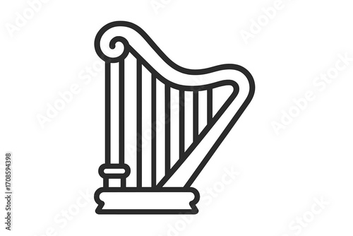 Harp icon line art vector illustration. Classical music instrument symbol. String instrument for orchestra, concert, and symphony. Melody, harmony, and sound concept design.