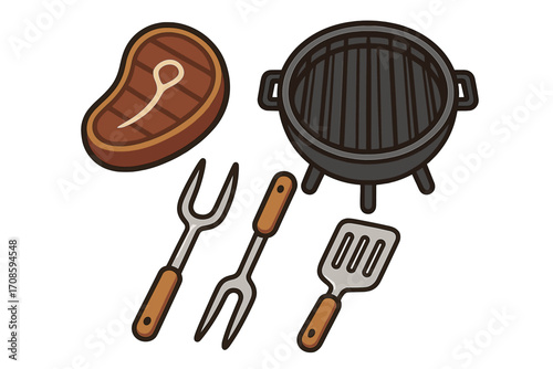 Barbecue grill icon set with steak, fork, and spatula. Vector cartoon illustration for summer cookout and picnic. Isolated cooking elements for outdoor food party concept.