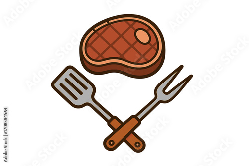 Grilled steak with crossed barbecue tools, spatula and fork. Vector cartoon icon. BBQ, cookout concept. Meat food logo for restaurant menu, steakhouse, or butcher shop.