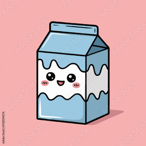 Vector art of charming milk carton with a cute face on a pink background a delightful cartoon illustration of a refreshing drink with kawaii eyes and a cheerful smile, perfect for childrens books or b