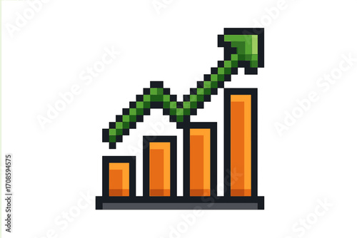 Pixel art growth chart icon with upward arrow. 8-bit video game style statistic symbol for business success and financial progress. Vector graph for data analysis, market increase.