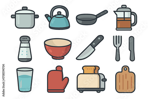 Kitchen icons set. Vector collection of cooking and kitchenware symbols. Flat cartoon illustration of pot, kettle, pan, toaster, knife, and other food preparation items.