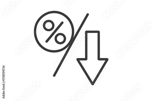 Low percent interest rate concept. Percent down icon in linear style. Percentage reduction symbol. Financial crisis graphic. Sale and discount sign. Loan, credit, mortgage rate.