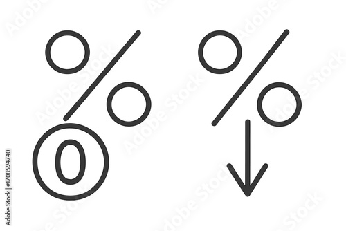 Zero percent interest rate and percentage down icon set. Vector line art for finance, banking, and sales promotion. Loan, credit, discount, and mortgage concept design.