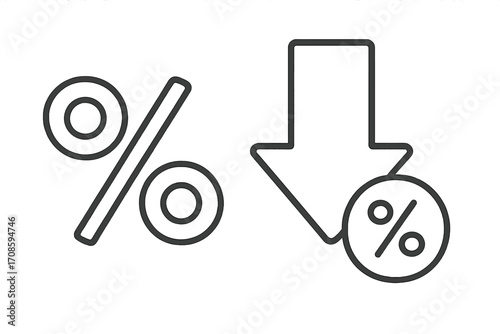 Percent down icon and percentage symbol. Low interest rate concept. Price reduction, discount, or sale sign. Financial crisis or economy recession metaphor. Vector outline.