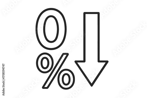 Zero percent down interest rate icon. Low commission, discount or sale concept. Percentage decrease arrow symbol. Vector illustration for finance, loan, mortgage, credit, debt.