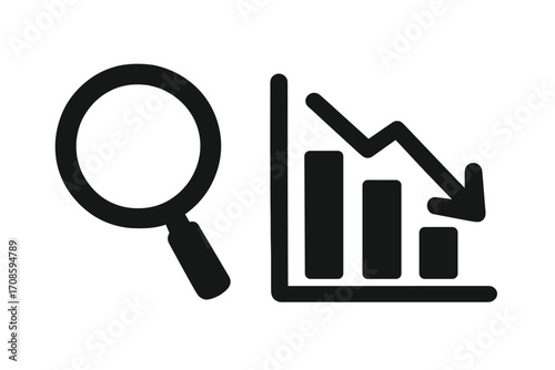 Magnifying glass over declining chart icon. Analysis of business loss and financial crisis. Market recession data. Investigating decrease, failure, and bad statistics. Down arrow graph.