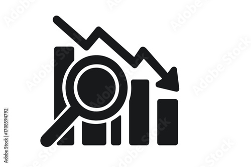 Financial crisis analysis concept. Magnifying glass over a falling bar chart with down arrow. Business metaphor for market crash, recession, investment loss, and economy.