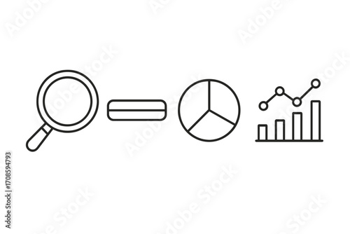 Data analysis icon set with magnifying glass, pie chart, and graph. Vector icons for business intelligence, market research, financial report, statistics, and performance metrics.