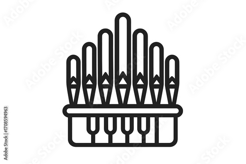 Pipe organ line icon vector. Classical music instrument symbol. Church organ for cathedral, concert, and sacred music. Grand keyboard instrument pictogram for logo or web.