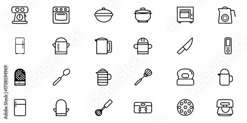 Modern kitchen appliance and utensil icons for culinary inspiration and home organization designs, offering a clean, minimalist aesthetic for any cooking enthusiast's projects