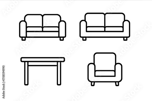 Furniture line icon set. Couch, sofa, armchair, and table. Home interior decor linear pictograms. Simple outline collection for web and apps. Editable stroke vector pack.