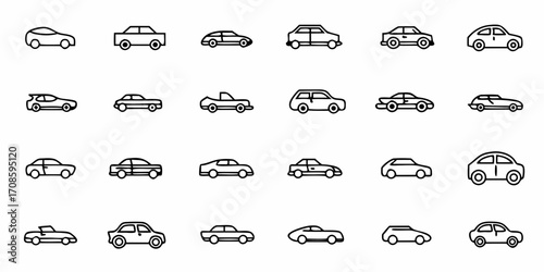 Collection of diverse car icons in minimalist style, ideal for web design, transportation, and automotive concepts, perfect for various creative projects